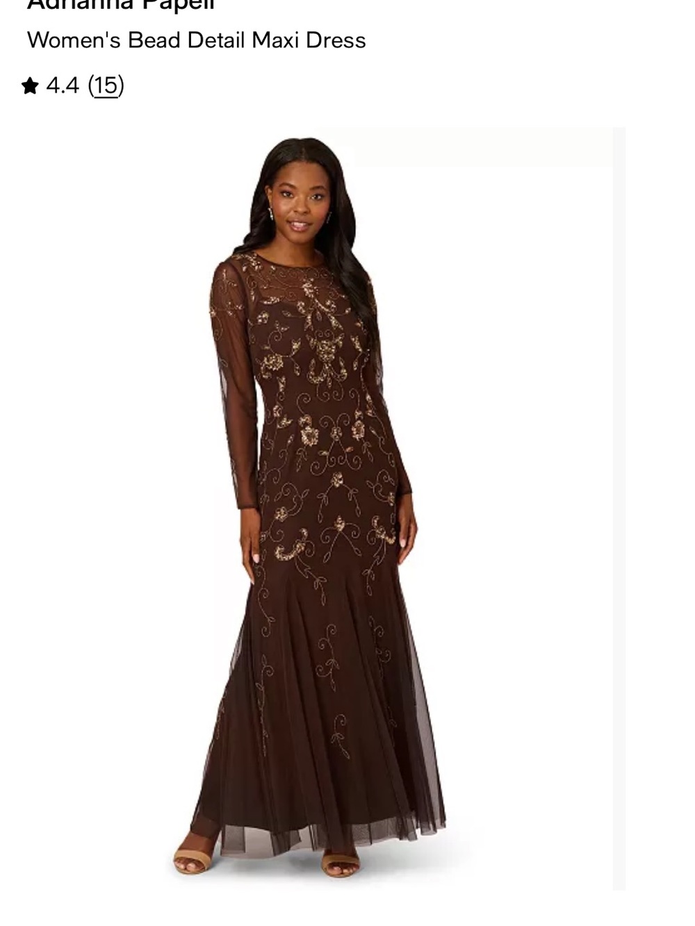Adrianna Papell Brown Maxi Dress with Gold Bead Embroidery